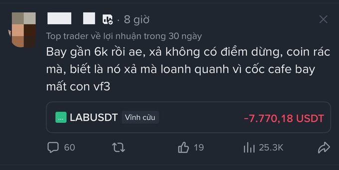A social media post in Vietnamese celebrating a top trader's 30-day profit, with text mentioning "LABUSDT" and a loss of "-7.770,18 USDT".