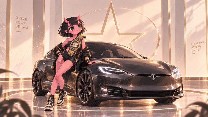 An anime-style illustration of a pink-haired demon girl with horns and a championship belt, posing against a black Tesla with text 'DRIVE YOUR DREAM' and 'CHAMPIONS BEYOND LIMITS.'