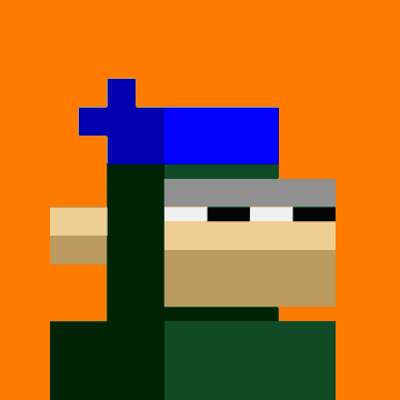 Pixel art character on an orange background featuring a figure wearing a purple hat, green outfit, and a tan/beige face with a simple expression.