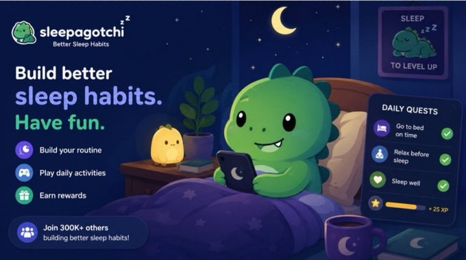 An advertisement for 'sleepagotchi - Better Sleep Habits' featuring a green dinosaur character in bed holding a phone, promoting building better sleep habits with daily quests and XP rewards.