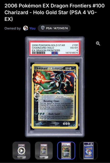 A PSA 4 graded 2006 Pokémon EX Dragon Frontiers #100 Charizard Holo Gold Star card, shown with its authentication details (PSA #147314574) and red grading label, displayed in what appears to be a digital collectibles account — corresponding to the user's excited post about their "dream card" finally landing in their Courtyard.io account.