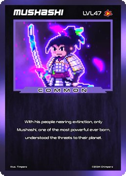 A pixel-art "MUSHASHI LVL 47" Genesis Glitch Chimpers NFT card labeled "COMMON" features a character holding a glowing blue sword against a purple cosmic background, with flavor text about protecting a planet. The card fits the poster's daily Chimpers collection series, showcasing their Day 178 acquisition as part of their 2026 goal to buy a Chimpers card every day.