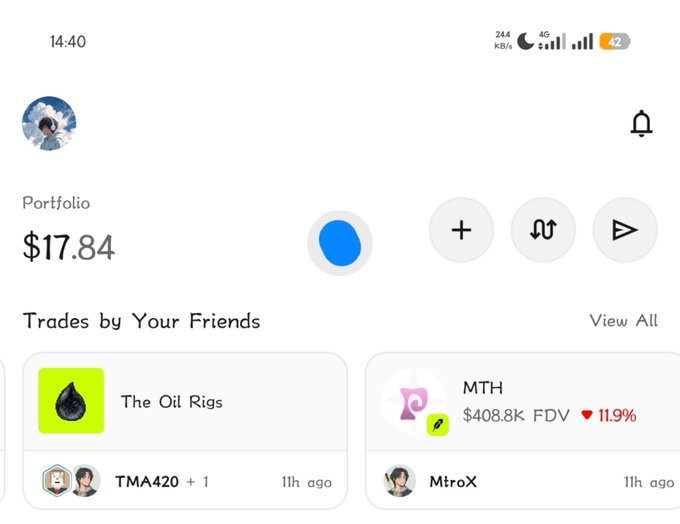 A mobile app screenshot showing a Portfolio value of $17.84 and 'Trades by Your Friends' featuring 'The Oil Rigs' and 'MTH' ($408.8k FDV, down 11.9%).