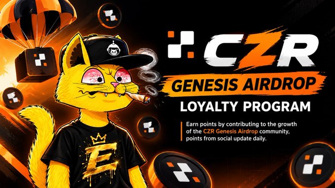 A cartoon-style promotional graphic for a CZR Genesis Airdrop Loyalty Program featuring an anthropomorphic yellow cat wearing a black cap and smoking a cigar.