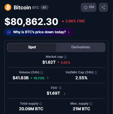 A screenshot of a Bitcoin (BTC) market data panel shows a price of $80,862.30, down 3.96% over 1 week, with a market cap of $1.62T (down 3.02%), 24-hour volume of $41.83B (up 10.73%), and FDV of $1.69T. It also displays a 20.09M BTC total supply and 21M BTC max supply, providing market context for the accompanying question about whether $BTC can hold $80,000.