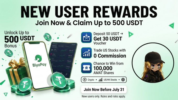 A promotional banner for BiyaPay's "New User Rewards" program, featuring the headline "Join Now & Claim Up to 500 USDT" alongside details of the offer, which includes a 30 USDT voucher for depositing 50 USDT, 0 commission on US stock trading, and a chance to win 100,000 AMAT shares, with a deadline of July 31. The image also shows a stylized avatar in the corner, visually reinforcing the marketing campaign referenced in the post.