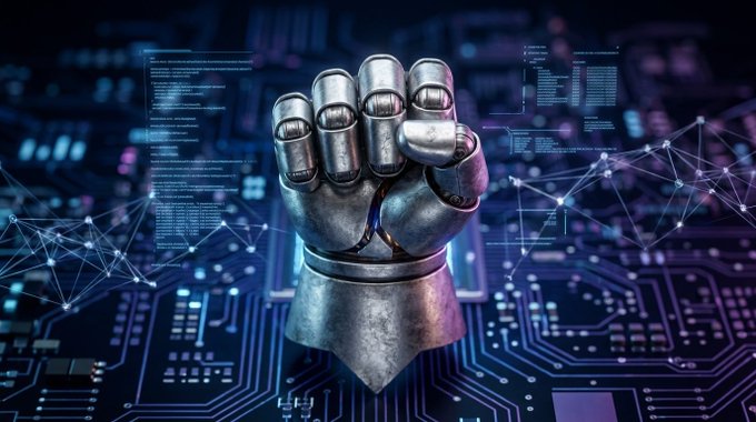 A metallic silver fist clenched in a power pose is centered against a digital background of glowing blue circuit boards and network nodes.