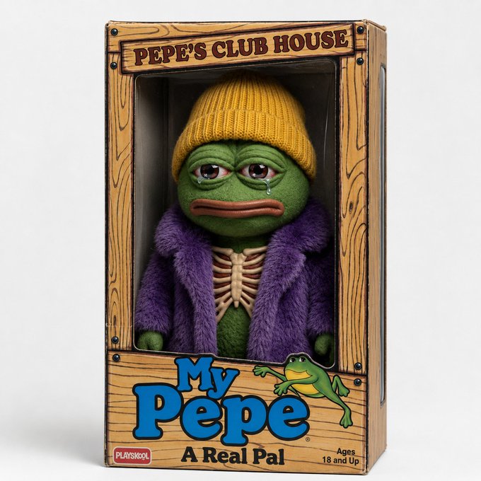 Toy packaging labeled 'My Pepe A Real Pal' featuring a sad, crying green Pepe figure wearing a yellow beanie and purple fur coat, branded 'PEPE'S CLUB HOUSE' and 'PLAYSKOOL Ages 18 and Up'.