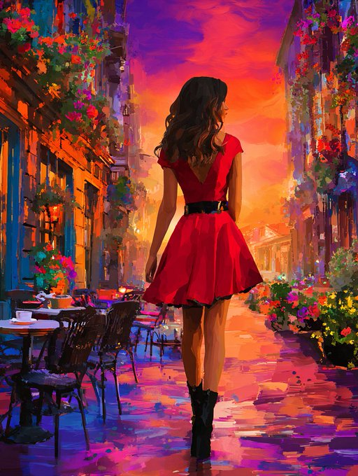 An impressionistic painting of a woman in a red dress walking down a sunlit street lined with cafes and flowers, rendered in vivid purples, oranges, and pinks.