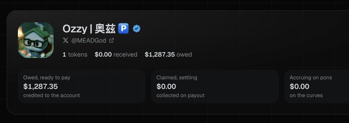 A screenshot of a crypto wallet shows the account 'Ozzy | 奥茲' (@MEADGod) with $1,287.35 owed, ready to pay.