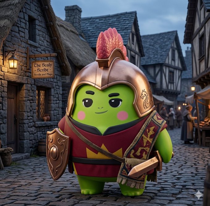 The image features a green toy figure dressed up in a medieval-style outfit, complete with a helmet and sword, standing on a cobblestone street. The toy figure appears to be a character from a video game or animated series, possibly inspired by the popular game Sleepagotchi. The surrounding environment includes buildings and people, suggesting that this scene takes place in an urban setting.