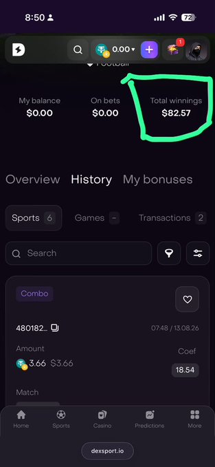 A screenshot of a Dexsport.io account dashboard showing a total winnings balance of $82.57, supporting the post's claim of growing a small deposit into significant earnings through sports betting. The display highlights a combo bet with a 3.66 amount and 18.54 coefficient.