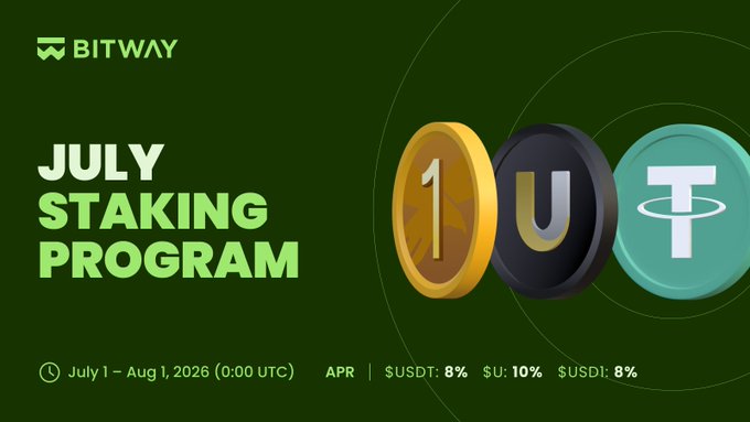 Bitway's July Staking Program promotional graphic running July 1 – Aug 1, 2026, advertising APRs of $USDT: 8%, $U: 10%, and $USDI: 8%.