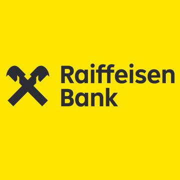 The image displays the Raiffeisen Bank logo, featuring black text and a crossed-hammer symbol on a bright yellow background. The logo relates to the post about Raiffeisen partnering with Bitpanda to bring crypto trading services to its 18 million customers in Central and Eastern Europe.