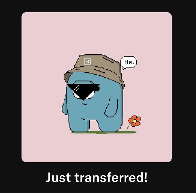 A cartoon blue Among Us character wearing a bucket hat and sunglasses says "Hm." in a speech bubble, with "Just transferred!" displayed below. The image playfully accompanies a post soliciting crypto gifts to be sent to the OnChainChecker wallet address 0xb04b58D902383B11FDbc3c44fF27Cd0DFa284D35.