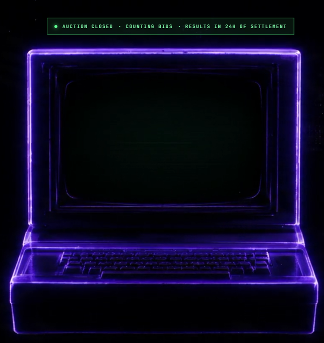 A glowing purple neon-outlined laptop sits in darkness with text at the top reading: "● AUCTION CLOSED · COUNTING BIDS · RESULTS IN 24H OF SETTLEMENT".