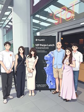 A lively group of five stands outside a venue for "PopEX VIP Perps Launch TOKEN2049," with a neon "Spot" sign glowing above, posing together for a photo marking the celebratory lunch gathering.