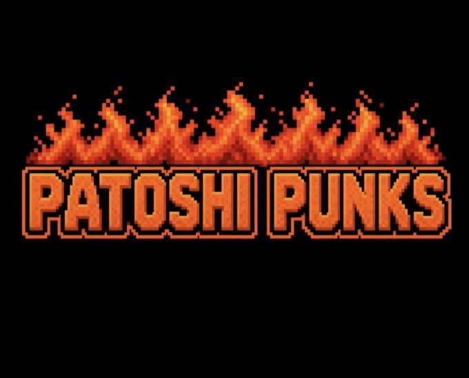 A pixel-art style logo featuring the text "PATOSHI PUNKS" displayed in bold orange lettering against a black background, topped with a row of animated pixelated flames. The fiery, rebellious design visually reinforces the post's message about rotating from Robinhood to Bitcoin Ordinals, evoking a "punk" crypto aesthetic that aligns with the Ordinals movement.