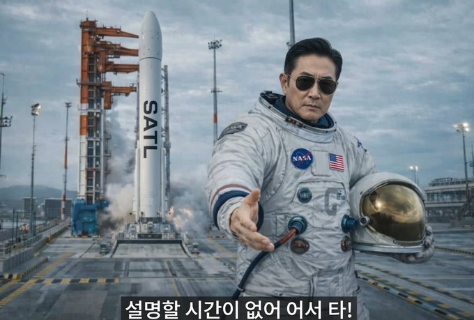 The image shows an astronaut in a NASA spacesuit standing confidently at a space launch pad with a rocket emblazoned with "SATL" in the background, accompanied by Korean subtitles reading "설명할 시간이 없어 어서 타!" (No time to explain, get on!). The dramatic space-themed visual cleverly illustrates the post's message about the urgency of $SATL's imminent earnings announcement, suggesting investors need to "launch" with the stock before its countdown completes.