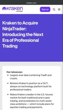 A mobile screenshot of kraken.com announcing "Kraken to Acquire NinjaTrader: Introducing the Next Era of Professional Trading," listing key takeaways about the deal bolstering Kraken's position as a 24/7 trading platform and creating a leader in U.S. futures markets. The image relates to the post by highlighting Kraken's recent strategic acquisitions (NinjaTrader and Bitnomial) that could provide the regulated infrastructure needed for HyperliquidX to operate in the U.S.