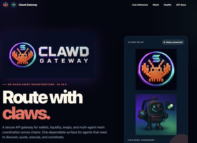 A website landing page for 'CLAWD GATEWAY' describing it as 'ON-CHAIN AGENT INFRASTRUCTURE - V2.10.0' with the tagline 'Route with claws.' and featuring a pixel-art crab mascot.