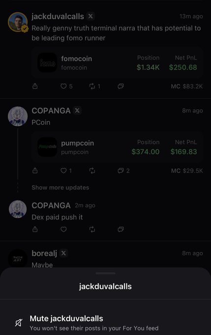 A social media feed shows user jackduvalcalls calling "fomocoin" a "leading fomo runner," displaying a $1.34K position with $250.68 net profit, while other users like COPANGA post about "pumpcoin" ($374 position, $169.83 profit) and "Dex paid push it." A mute option for jackduvalcalls is visible at the bottom, illustrating the poster's point about muting callout farmers who hype tokens like $fomocoin to lure traders.