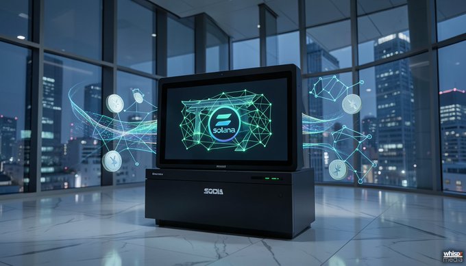 A high-tech server labeled "SOLANA" and "SOC13" with an Ethereum-style logo sits in a modern office overlooking a nighttime city skyline, surrounded by digital network nodes. The imagery reinforces the post's message about SBI Holdings and the Solana Foundation building institutional crypto infrastructure in Japan, visualizing the on-chain financial network being constructed.