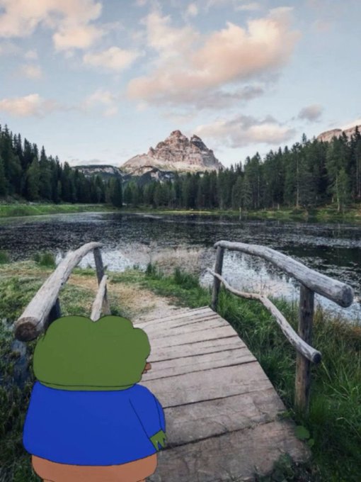Pepe the Frog, viewed from behind in his blue shirt, stands on a wooden bridge overlooking a serene mountain lake surrounded by pine forests.