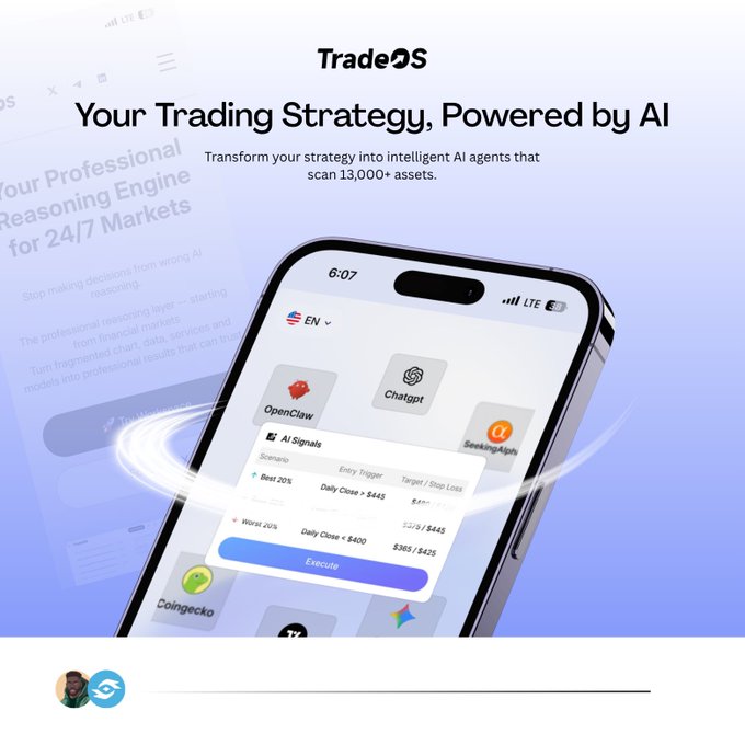 An advertisement for 'TradeOS' featuring the tagline 'Your Trading Strategy, Powered by AI' and showing a smartphone displaying an interface with AI signal tools like 'OpenClaw', 'Chatgpt', and 'Coingecko'.