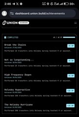 A phone screenshot shows the Union dashboard's "Achievements" page displaying completed tasks including "Enter The Casino," "Not so Liquidating...," "High Frequency Degen," "Melanzy Hyperactive," and "The Melanzy Hurricane," each showing 50+ transactions performed during market hours or weekends. This relates to the poster's claim of making over 3,000 transactions to earn only a $400 airdrop, highlighting the disconnect between high-volume engagement and reward value.