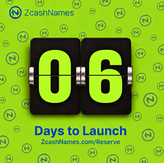 A bright green promotional countdown graphic from ZcashNames showing '06 Days to Launch' on a mechanical flip clock display, surrounded by the brand's 'Z' logo.