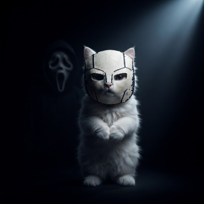 A white cat stands upright with crossed paws in a dark spotlight, wearing a cracked white mask, while a shadowy masked figure looms in the background.