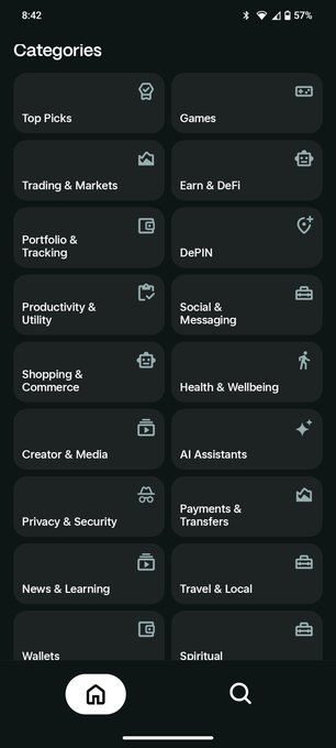 A dark-themed mobile app interface displays a 'Categories' menu with options including 'Top Picks', 'Games', 'Trading & Markets', 'Earn & DeFi', and 'AI Assistants'.