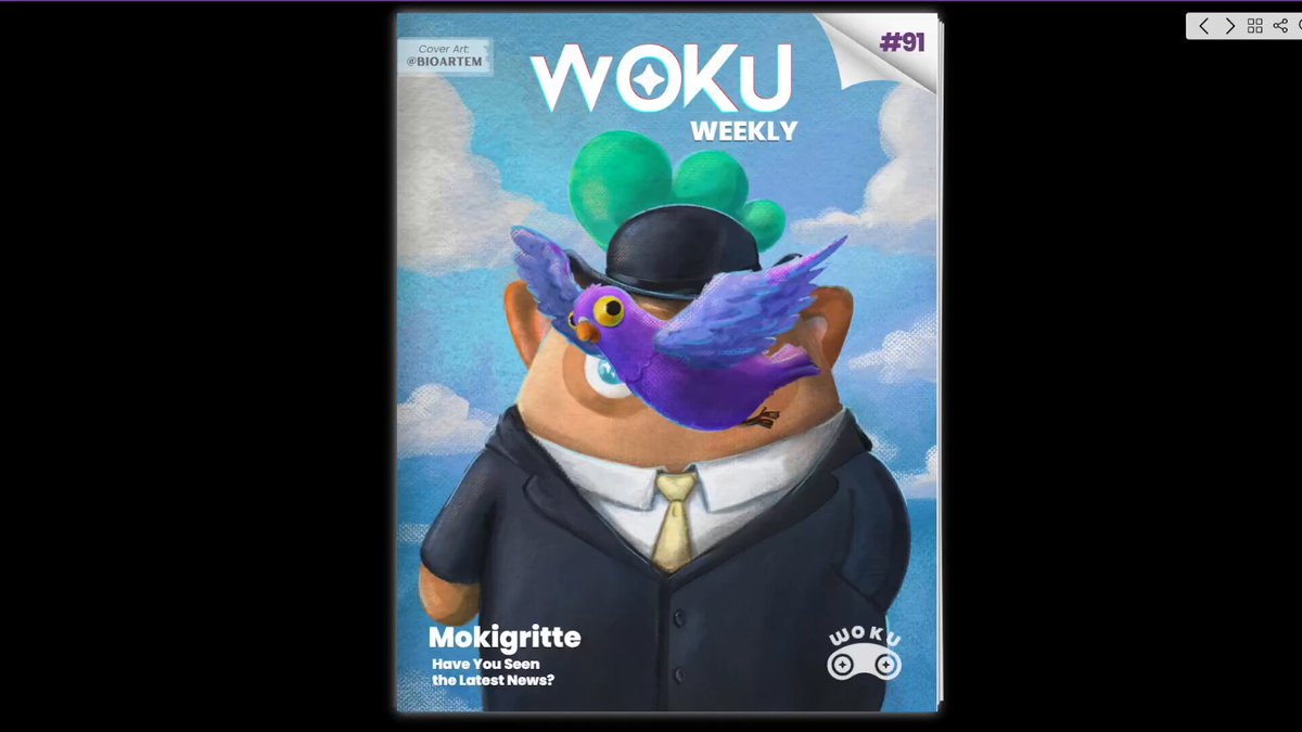 The image shows a poster for the weekly magazine Woku Weekly, which has an illustration of a man with a bird perched on his head. The poster also includes text that reads "Woku Weekly #91 Interactive" and "What's inside: -The latest GA & @Ronin Network news!! Congrats to the Clash winners! wokuweekly.aflip.in/e89aa6fae9". This suggests that the magazine is a source of information, entertainment, or both for its readers, with an interactive element such as a website or social media account being featured on the poster.