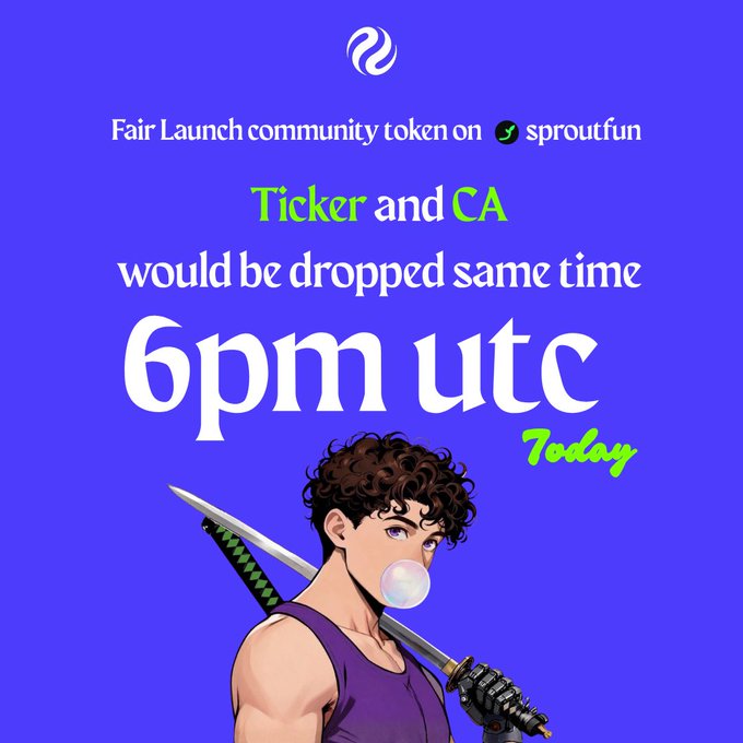 A blue Sproutfun promotional graphic announces that the “Ticker and CA” for a Fair Launch community token will be dropped simultaneously at “6pm UTC” today, illustrated with an anime-style swordsman blowing bubble gum. It supports the accompanying post about introducing the Injective community trench plot during “HARVEST SZN” on Sproutfun, alongside the speaker’s enthusiasm for Solana and Injective.