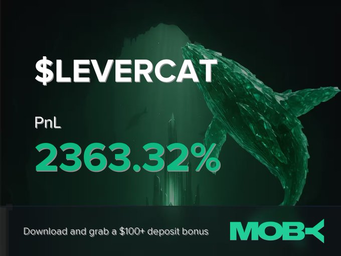 A promotional graphic for Moby featuring a stylized green whale graphic underwater, highlighting a $LEVERCAT trade win with a PnL of 2363.32%, along with a $100+ deposit bonus offer. The image visually celebrates the trader's exceptional gains as referenced in the accompanying post.
