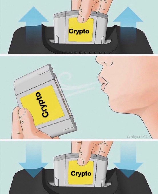 A three-panel comic showing a cartridge labeled "Crypto" being inserted into a console, a person smelling it like a cup of coffee, and then it being ejected, suggesting cryptocurrency smells like coffee.