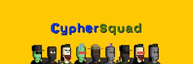 A pixel art banner with 'CypherSquad' text and a lineup of zombie-like characters against a yellow background.