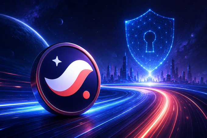 A 3D-rendered graphic shows a circular Stellar (XLM) cryptocurrency logo beside a glowing blue digital shield with a keyhole, set against a futuristic cityscape and night sky with planets.