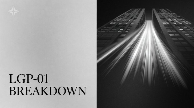 A black-and-white thumbnail with 'LGP-01 BREAKDOWN' text on a gray panel beside an image of light trails streaming upward between dark skyscrapers at night.