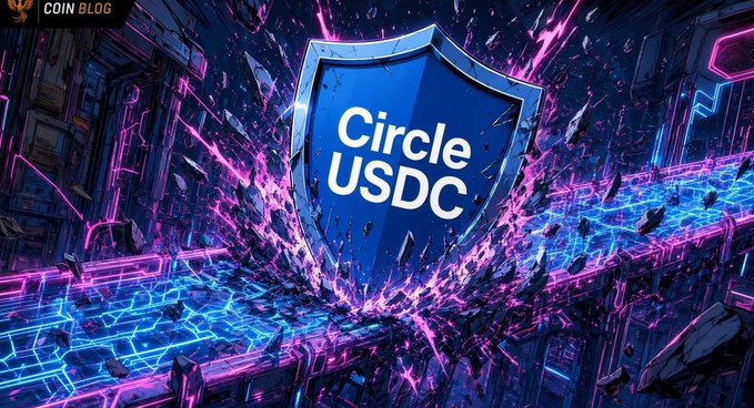 A vibrant cyberpunk-style graphic labeled 'COIN BLOG' features a blue shield emblazoned with 'Circle USDC' shattering outward amid pink and blue neon energy.