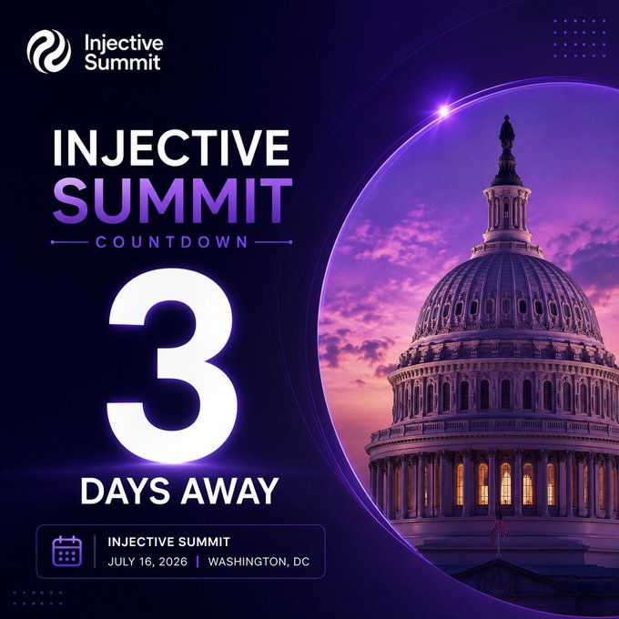 A promotional graphic for the 'Injective Summit' indicates '3 DAYS AWAY' with the event scheduled for July 16, 2026, in Washington, DC, featuring an image of the Capitol building dome.