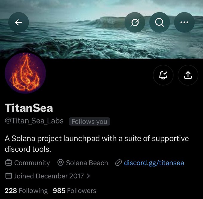 A screenshot of the Twitter/X profile for "TitanSea" (@Titan_Sea_Labs), a Solana project launchpad with Discord tools, showing 228 Following and 985 Followers, joined December 2017. The profile features a fiery logo against an ocean backdrop, matching the post's reflection on the author's early crypto work building a Solana NFT launchpad with Discord bots.