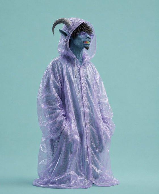 A horned, blue-skinned demonic figure with sharp teeth grins while wearing a translucent purple raincoat against a turquoise background, evoking a surreal, otherworldly vibe. The eerie character visually embodies the cryptic teaser "Something is coming…" tied to the $JERRY token promotion.
