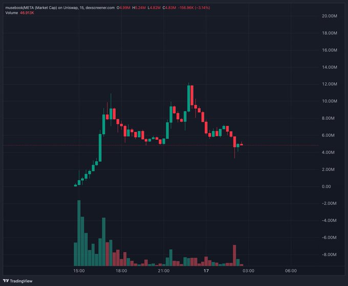 A TradingView candlestick chart for "rusabook/META (Market Cap)" on Uniswap, showing price action with volume bars and a current value around 4.89M.