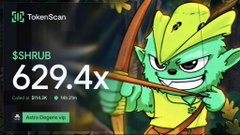 The image is a promotional graphic for TokenScan displaying a profit of "629.4x" on the ticker $SHRUB, with a market cap of "$214.13K" and a "60m" indicator, accompanied by a green goblin archer character wielding a bow. The post highlights a single-day gain of "+2,100 $ROBINHOOD ($214k)" on the $SHRUB memecoin, aligning with the graphic's celebration of high returns and encouraging users to engage and share their $ROBINHOOD addresses.
