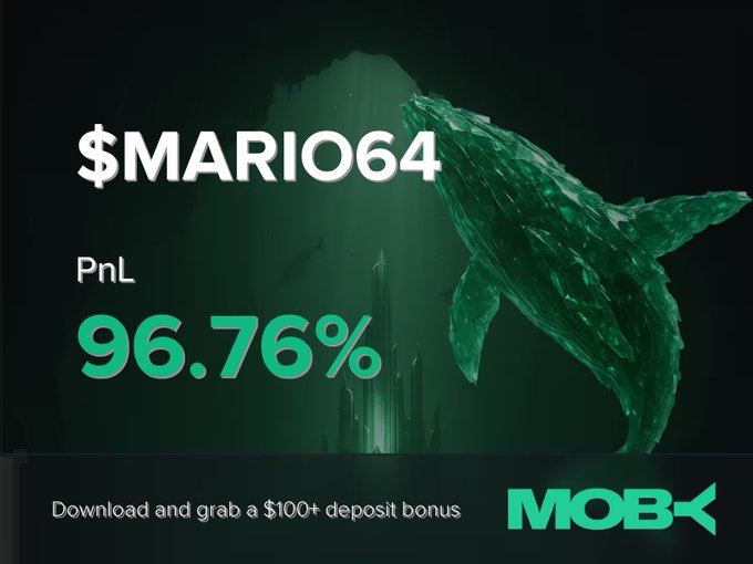 A promotional graphic featuring a green whale silhouette alongside the text "$MARIO64 PnL 96.76%" and a Moby logo at the bottom with a "$100+ deposit bonus" call-to-action, visually celebrating the trader's profitable position closure highlighted in the post.