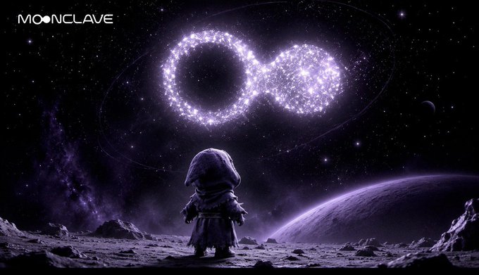 A small hooded figure stands on a rocky lunar surface gazing up at an infinity symbol formed by glowing stars in the purple cosmos, with the text "MOONCLAVE" in the top-left corner—visually reinforcing the idea of an endless, cosmic journey that mirrors the post's message about Moonclave's long-term vision beyond short-term hype.