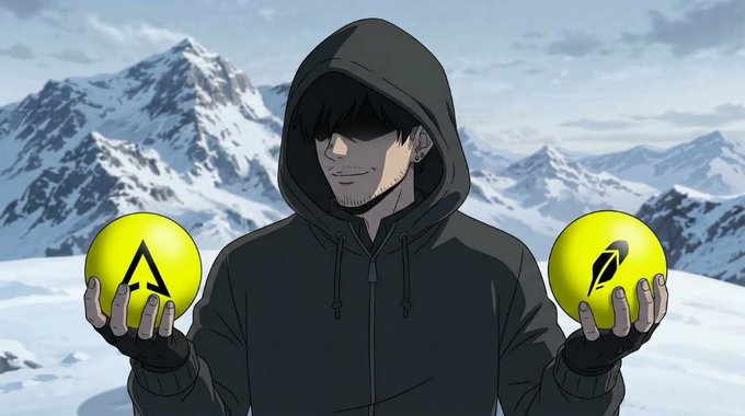 An anime-style illustration of a hooded figure in a snowy mountain landscape, holding two glowing yellow orbs marked with the "A" and a feather/leaf symbol.