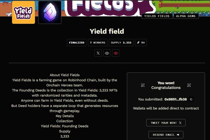 A 'Yield field' results page from Yield Fields on Robinhood Chain showing a winner submission for wallet 0x9851...fb38.